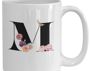 Large Letter M Coffee Mug, Alphabet Mug, Flower Letter Mug, Letter M Mug, Letter M Cup, Initial Monogram Mug, Bridesmaid Gift, Gift for Her