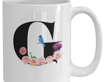 Large Letter G Coffee Mug, Alphabet Mug, Flower Letter Mug, Letter G Mug, Letter G Cup, Initial Monogram Mug, Bridesmaid Gift, Gift for Her
