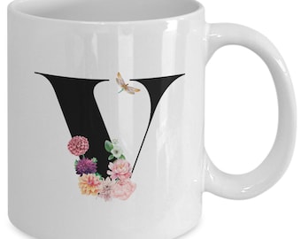 Large Letter V Coffee Mug, Alphabet Mug, Flower Letter Mug, Letter V Mug, Letter V Cup, Initial Monogram Mug, Bridesmaid Gift, Gift for Her