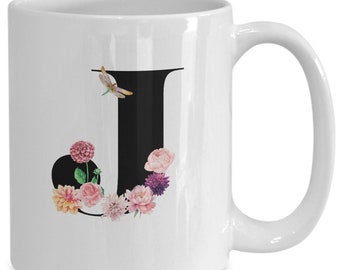 Large Letter J Coffee Mug, Alphabet Mug, Flower Letter Mug, Letter J Mug, Letter J Cup, Initial Monogram Mug, Bridesmaid Gift, Gift for Her