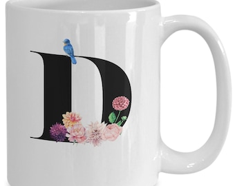 Large Letter D Coffee Mug, Alphabet Mug, Flower Letter Mug, Letter D Mug, Letter D Cup, Initial Monogram Mug, Bridesmaid Gift, Gift for Her