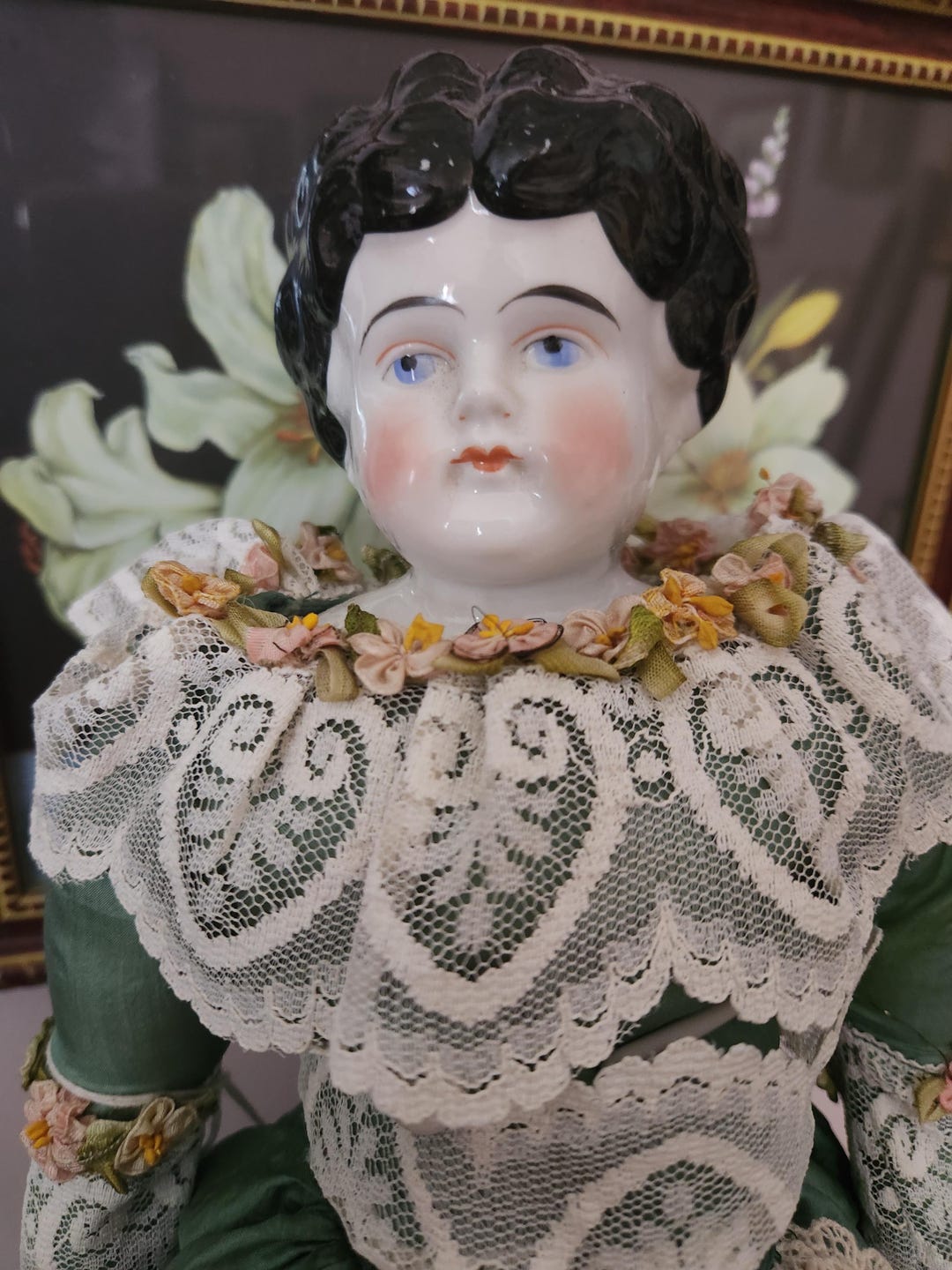 Vintage Possibly Antique China Head Low Brow Doll, Exquisite Dress