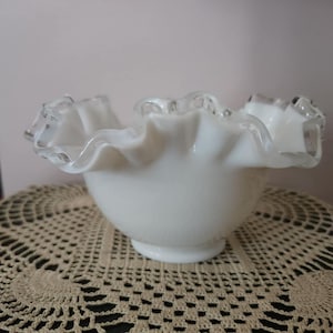 Vintage Fenton White Milk Glass Bon Bon Dish w/Silver Crest Double Crimped Rim