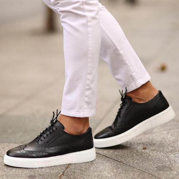 Handgefertigter Echtleder Herren Sneaker - Herren Freizeitschuhe - Tägliche Herren Schuhe - Schuhe für Herren - Stylische Herren Sneakers - Schwarz & Weiß