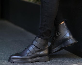 Genuine Leather Men Boot - Handmade Velcro Boots - Chelsea Men Boot - Men Sport Boots - Leather Shoes Men Sneakers