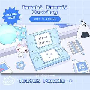 Puede incluir: Una consola de juegos portátil Nintendo DS azul y blanca con una pantalla que dice "Stream Offline". La consola está rodeada de otros objetos azules y blancos, incluyendo una figurita de gato, una mancha azul, una caja de píldoras y una caja de leche. El texto "Tenshi Kawaii Overlay 1920 x 1080px" está en la parte superior de la imagen. El texto "@haniinyaamarts Twitch Panels +" está en la parte inferior de la imagen.