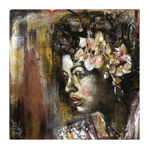 May include: A painting of a woman with dark hair and a floral crown. The woman is looking to the side and has a serious expression. The background is a dark brown color with hints of gold.