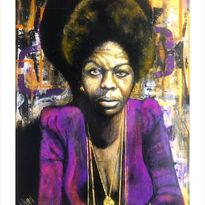 May include: A painting of a woman with an afro wearing a purple jacket and a gold necklace with a raised fist pendant. The background is a textured gold and purple abstract design.