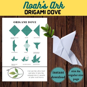 Könnte beinhalten: Eine druckbare Anleitung zum Falten eines Origami-Taubens mit einem weißen Origami-Taubenmodell und einem grünen Olivenzweig. Die Anleitung enthält eine Reihe von Diagrammen, die zeigen, wie man das Papier faltet, um die Taube zu erstellen. Der Text lautet "Noah's Ark Origami Dove" und "Sofort-Download, Größe A4 Standardgröße".