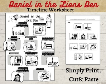 May include: Black and white illustrated timeline worksheet for a children's story about Daniel in the Lion's Den. The worksheet includes images of Daniel praying, being thrown into the lion's den, and being saved by God. The worksheet also includes a timeline of the story, with images of the key events.