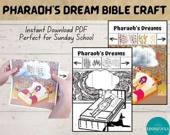 May include: A printable craft activity for Sunday school featuring Pharaoh's dreams from the Bible. The craft includes a black and white illustration of Pharaoh sleeping in a bed with a dog, and a color illustration of Pharaoh's dream with a cloud and wheat stalks.