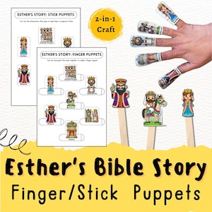 May include: A craft kit featuring Esther's Bible Story finger and stick puppets. The kit includes printable character cutouts, wooden sticks, and finger puppets. The puppets depict characters like Esther, Haman, and Ahasuerus, with a yellow background.