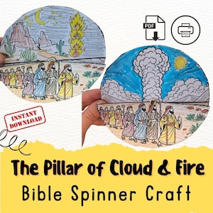 Peut inclure: Un artisanat de spinner biblique avec deux illustrations circulaires. L'une représente une scène de désert avec une colonne de feu, l'autre un nuage. Le texte indique "The Pillar of Cloud & Fire Bible Spinner Craft" avec des icônes "Téléchargement instantané" et PDF.