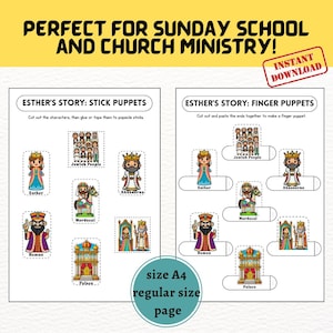 May include: Printable Sunday school activity featuring Esther's Story stick and finger puppets. Includes characters like Esther, Mordecai, and Haman. The text reads "Perfect for Sunday School and Church Ministry!" and "Instant Download."