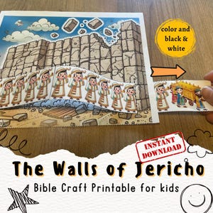 Puede incluir: Imprimible de manualidades bíblicas para niños que representa los muros de Jericó. La imagen muestra una escena recortada con los muros, figuras tocando trompetas y el texto "The Walls of Jericho". Incluye opciones en color y blanco y negro.