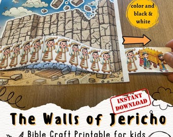 Puede incluir: Imprimible de manualidades bíblicas para niños que representa los muros de Jericó. La imagen muestra una escena recortada con los muros, figuras tocando trompetas y el texto "The Walls of Jericho". Incluye opciones en color y blanco y negro.