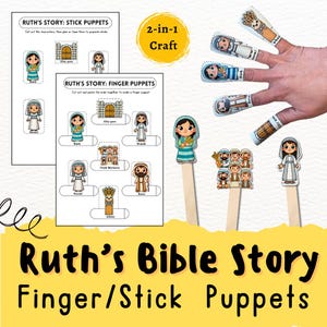 May include: A craft kit featuring finger and stick puppets based on the Bible story of Ruth. The kit includes printable character cutouts, including Ruth, Naomi, and Boaz, along with instructions for assembly. The puppets are designed for children.