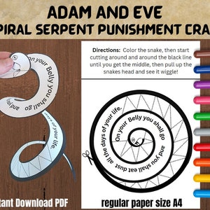 May include: A printable craft activity for kids featuring a black and white illustration of a snake coiled in a spiral. The text "On your Belly you shall go and dust eat shall not you" is written around the spiral. The craft instructions are to color the snake, cut along the black lines, and pull up the snake's head to make it wiggle.