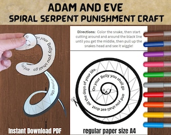 Manualidad bíblica de Adán y Eva para niños, serpiente espiral, La Caída, Manualidad de la escuela dominical, Actividades de educación en el hogar, hoja de trabajo de la historia bíblica, Génesis