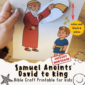 Puede incluir: Una colorida impresión de manualidades bíblicas para niños que representa a Samuel ungiendo a David como rey. La ilustración muestra a Samuel con una túnica roja y a David con una túnica azul. El texto "Samuel unge a David como rey" se muestra en la parte inferior.