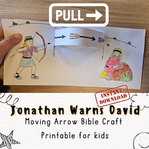 Könnte beinhalten: Ein druckbares Bibel-Bastelprojekt mit dem Titel "Jonathan warnt David" mit einem sich bewegenden Pfeildesign. Die Illustration zeigt eine Figur mit Pfeil und Bogen und eine weitere Figur in der Nähe eines Felsens. Der Text "Sofort-Download" ist ebenfalls sichtbar.