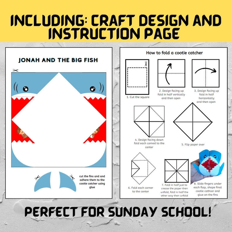 Op de afbeelding: Een printbaar knutselontwerp en instructies voor het maken van een papieren vingerpop met het thema Jona en de grote vis. De instructies omvatten het knippen van een vierkant, het dubbelvouwen en vervolgens het vouwen van elke hoek naar het midden. Het eindproduct is een blauwe vis met rode tanden en een witte buik.