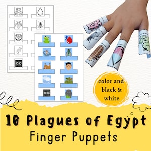 Puede incluir: Un conjunto de 10 títeres de dedo que representan las plagas de Egipto. Los títeres son dibujos en blanco y negro sobre papel blanco. Los títeres incluyen una rana, moscas, sangre, granizo, langostas, forúnculos, oscuridad, la muerte de los primogénitos y un bastón. El texto "10 Plagues of Egypt Finger Puppets" está en la parte inferior de la imagen.
