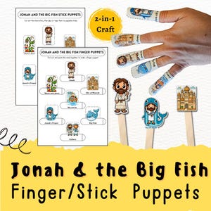 May include: A craft kit featuring "Jonah & the Big Fish" finger and stick puppets. The kit includes printable character cutouts, including Jonah, a whale, and a city, with instructions for assembly. The image also shows finger puppets on a hand.