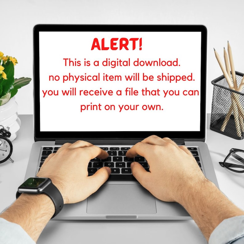 Puede incluir: La pantalla de un ordenador port&aacute;til muestra un mensaje en texto rojo: "&iexcl;ALERTA! Esta es una descarga digital. No se enviar&aacute; ning&uacute;n art&iacute;culo f&iacute;sico. Recibir&aacute; un archivo que puede imprimir usted mismo."