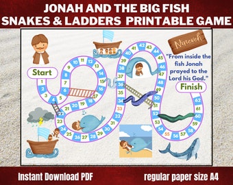 Jona en de grote vis spel, activiteiten voor kinderen, glijbanen slangen en ladders, homeschool afdrukbaar, zondagsschoolles, christelijke kinderen,