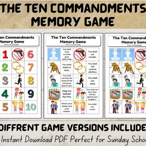 Bible Memory Match Game, The Ten Commandments, Bible craft for Kids, Sunday School Activity, Christian Resource, Homeschool Printable