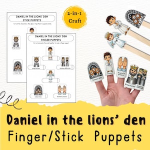 Pode incluir: Um kit de artesanato infantil com fantoches de dedo e de pau de "Daniel na cova dos leões". O kit inclui recortes de personagens imprimíveis, incluindo Daniel, o rei Dario e anjos. Os fantoches são projetados para montar e brincar.