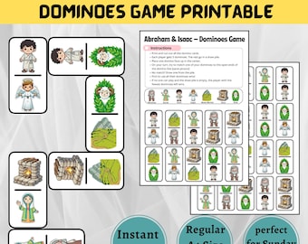 May include: Printable Abraham & Isaac Bible Story dominoes game. Features illustrated dominoes with biblical characters and scenes. Includes instructions and a game sheet. Perfect for Sunday school or educational activities.