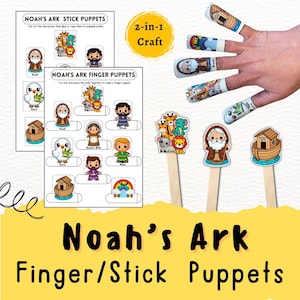 May include: A craft kit featuring Noah's Ark finger and stick puppets. The kit includes printable character cutouts, including Noah, his wife, and various animals. The puppets are designed for children's crafts and educational activities. The image also shows the text "2-in-1 Craft".