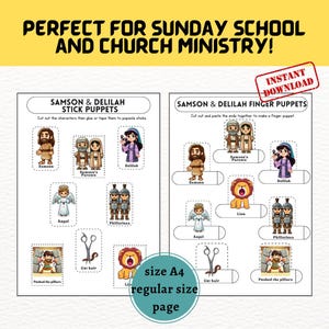 May include: Two printable activity sheets for Sunday school or church ministry. One sheet features stick puppets of Samson and Delilah characters, and the other features finger puppets. Includes characters, scissors, and a lion. The text says "Instant Download".