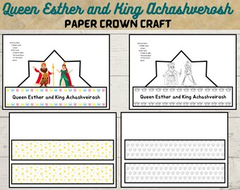 May include: Paper crown craft featuring illustrations of Queen Esther and King Achashverosh. The craft includes instructions and templates for coloring and assembly. The design includes colorful and black and white versions, with decorative borders and the text "Queen Esther and King Achashveirosh".