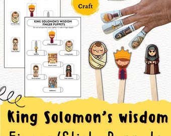 May include: King Solomon's Wisdom Finger/Stick Puppets craft kit. The image shows a 2-in-1 craft with finger puppets and stick puppets. The puppets include King Solomon, a baby, and other characters. The kit includes instructions and cut-out characters.