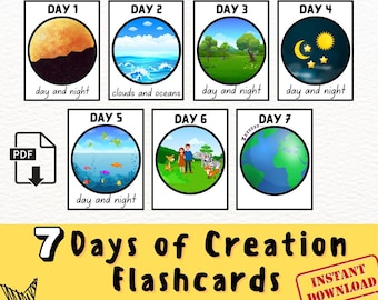 Tarjetas de estudio imprimibles de los 7 días de la Creación / Lección bíblica de Génesis para niños / Actividad para la escuela dominical y el hogar / Tarjetas bíblicas cristianas en PDF