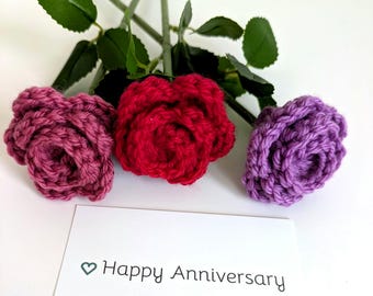 7th Anniversary Wool Flower / Crocheted Rose, Luxury Merino Wool - Pink, Red or Lilac