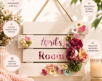Personalised Floral Name Sign | Wooden Nursery Room Decor | Cottagecore Bedroom Wall Hanging | Baby Shower Gift