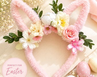 Floral Bunny Ear Headband | Easter Bunny Headband for Girls | Pink Flower Bunny Ears | Easter Egg Hunt Outfit | Spring Hair Accessory