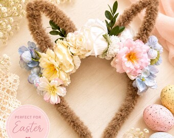 Floral Bunny Ear Headband | Easter Bunny Headband for Girls | Beige Flower Bunny Ears | Easter Egg Hunt Outfit | Spring Hair Accessory