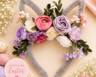 Floral Bunny Ear Headband | Easter Bunny Headband for Girls | Grey Flower Bunny Ears | Easter Egg Hunt Outfit | Spring Hair Accessory