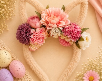 Floral Bunny Ear Headband | Easter Bunny Headband for Girls | Peach Flower Bunny Ears | Easter Egg Hunt Outfit | Spring Hair Accessory