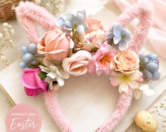 Floral Bunny Ear Headband | Easter Bunny Headband for Girls | Pink Flower Bunny Ears | Easter Egg Hunt Outfit | Spring Hair Accessory