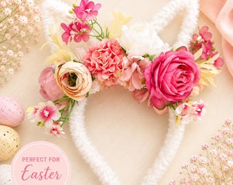 Floral Bunny Ear Headband | Easter Bunny Headband for Girls | White Flower Bunny Ears | Easter Egg Hunt Outfit | Spring Hair Accessory