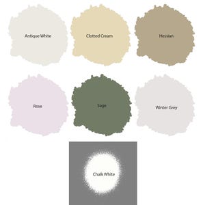 May include: A collection of paint swatches in various neutral colors, including Antique White, Clotted Cream, Hessian, Rose, Sage, Winter Grey, and Chalk White. Each swatch is labeled with its respective color name.