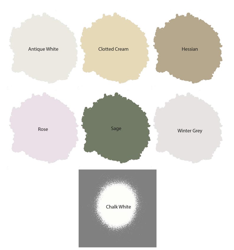 May include: A collection of paint swatches in various neutral colors, including Antique White, Clotted Cream, Hessian, Rose, Sage, Winter Grey, and Chalk White. Each swatch is labeled with its respective color name.