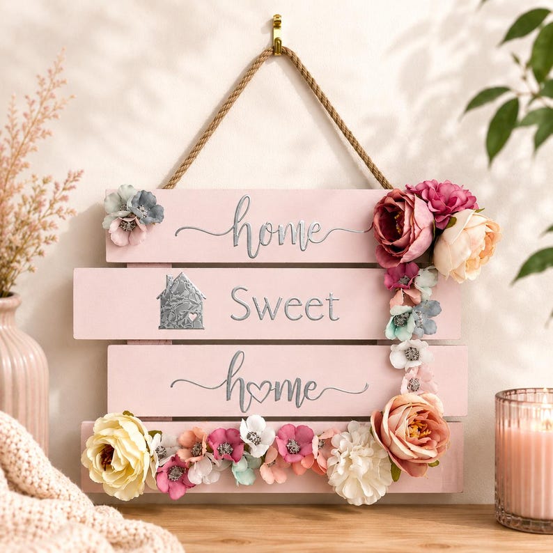 May include: A pink wooden sign with the words "home sweet home" in silver script, adorned with floral arrangements. The sign is suspended by a rope and features a small house graphic. Decorative flowers in various colors are attached to the sign.