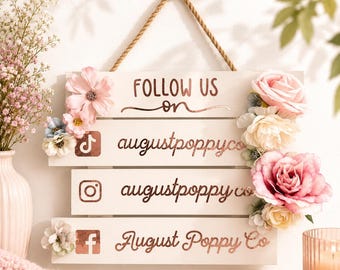 Personalised Floral Social Media Sign | Salon & Boutique Decor | Business Instagram Sign | Custom Wooden Branding Plaque